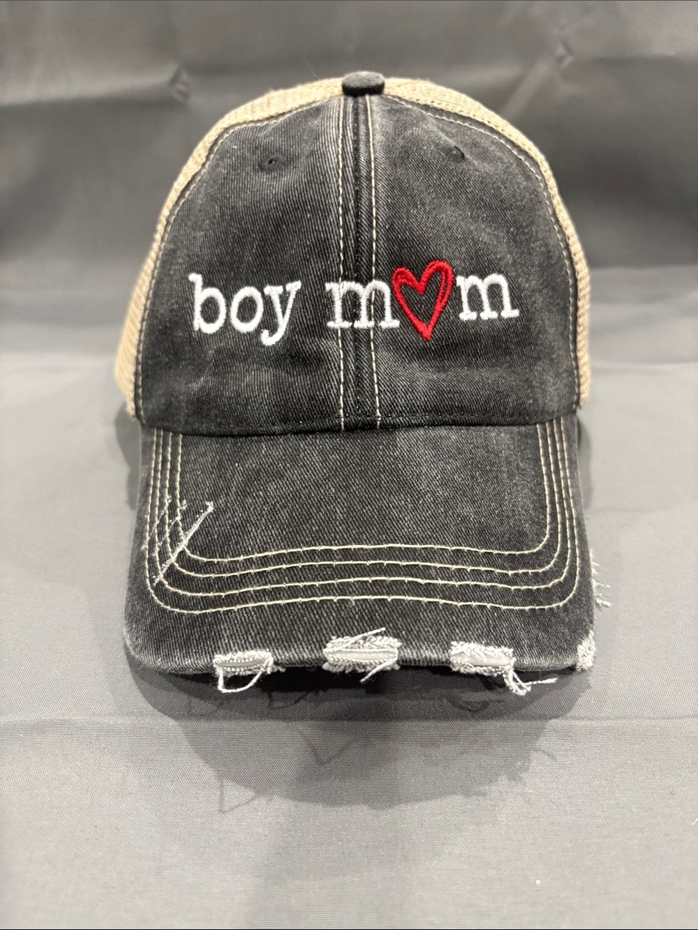 KatyDid Distressed Trucker Baseball Hat “Boy Mom” - Black & Tan